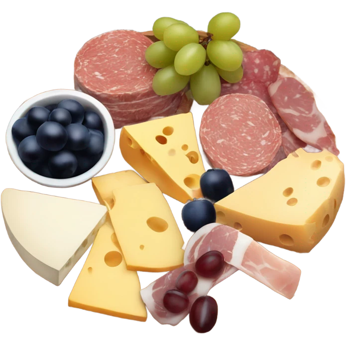 charcuterie board with assorted cheeses, meats, grapes, fruits, and garnish emoji
