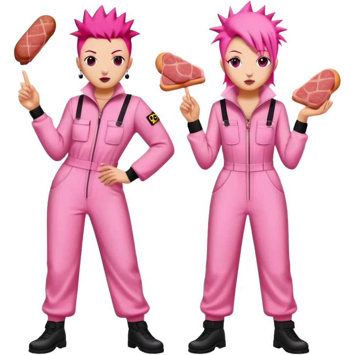punk artists in pink jumpsuits protesting for spam meat as art emoji