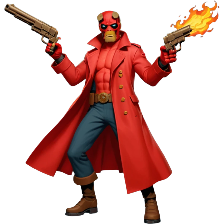 cinematic realistic superhero Hellboy by Mike Mignola jumps and shoots with a bronze pistol emoji