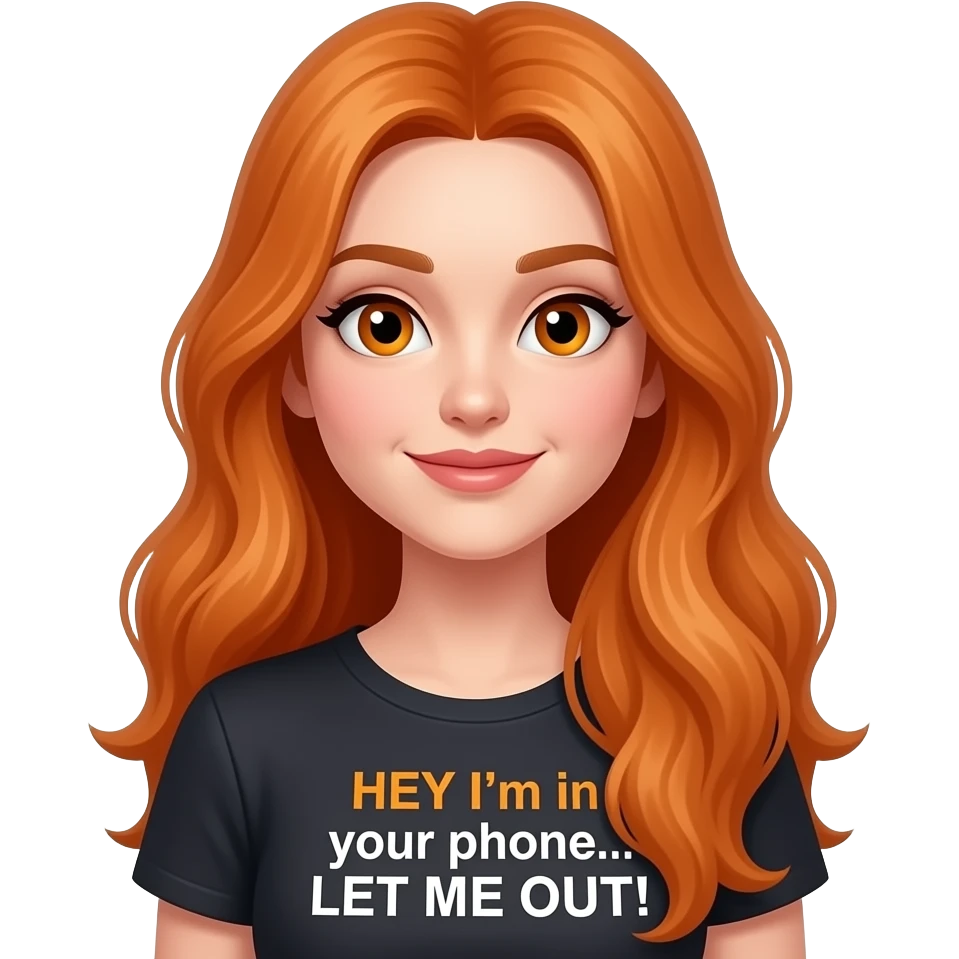 sexy girl with overlong ginger hair and ginger eyes a top with HEY I'm in your phone... LET ME OUT! written on it emoji