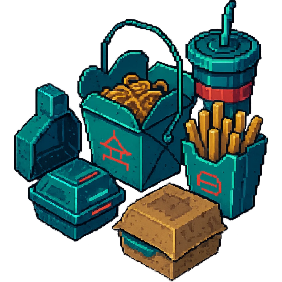 cyberpunk futuristic, 3d isometric, item image, video game item, inventory icon, the image depicts a small box of takeout, takeaway, chinese takeout food, delivery food. futuristic drive-through sandwich boxes, fries, bag and drink. dystopian. pixelated retro video game graphics emoji