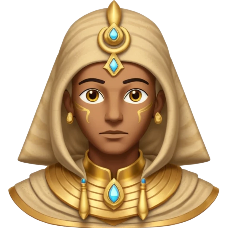 ancient pharaoh sand mage portrait, head and shoulders only, Egyptian-inspired hood collar, gold ornaments, mystical sand swirl, glowing eyes, 3D cartoon, mobile game icon style, clean background, no text, no watermark
 emoji