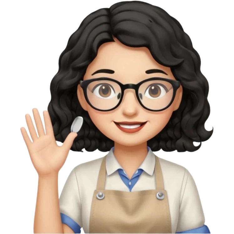 girl with apron, black wavy hair, wearing glasses, a little blush on her cheek emoji
