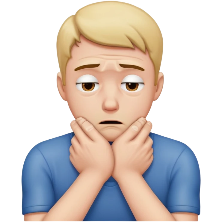 A man chocking himself with his hands while sad emoji