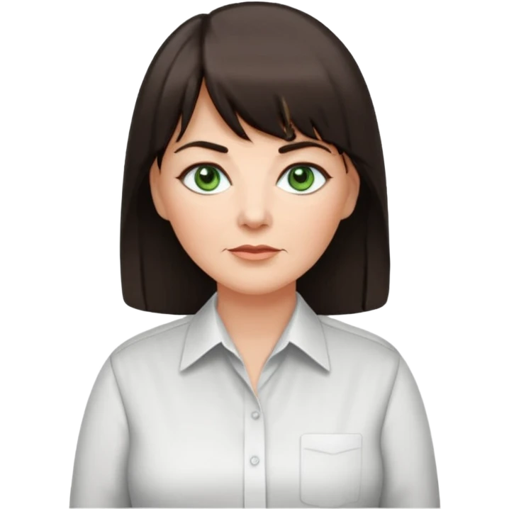 60 yr old woman, green eyes, long straight dark brown hair, business shirt, chubby, bangs emoji