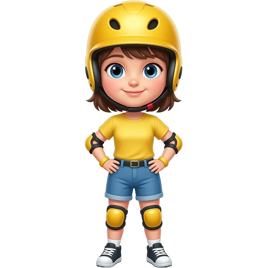 Child girl standing upright, wearing yellow elbow pads and knee pads, yellow helmet, ready-to-play expression, front-facing pose. emoji