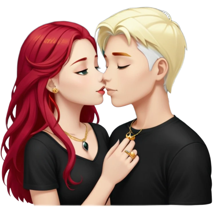 couple kissing, girl with long cherry red hair, blonde eyebrows, gold jewelry, boy with SHORT PURE WHITE hair like snow, dark t-shirt, silver ring with black stone emoji