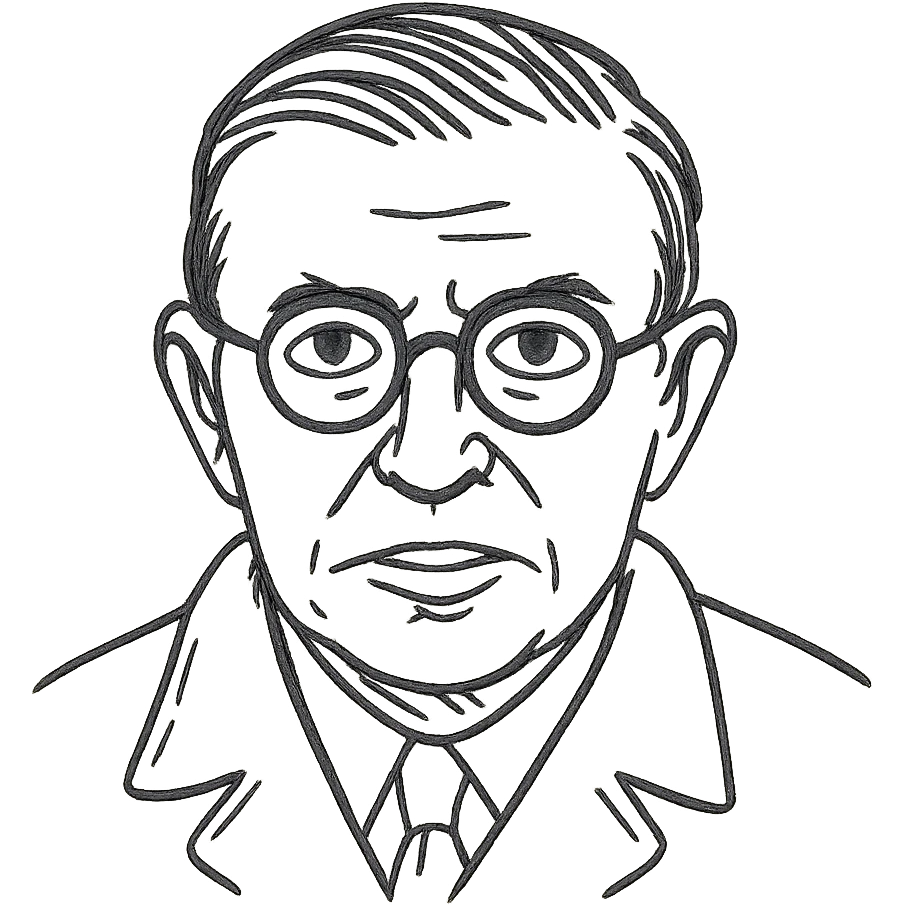 a hand drawn black outline portrait of Jean-Paul Sartre with similar-sized eyes based a famous portrait of him emoji