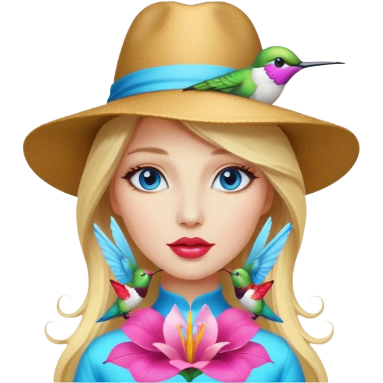 bust woman long blonde hair blue eyes white skin with hummingbird hat and nectar glow lips emoji