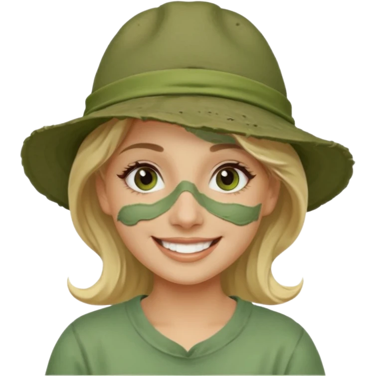 messy green clay mask and tourist hat blond braided woman big eyes smiling and clay mask on face emoji