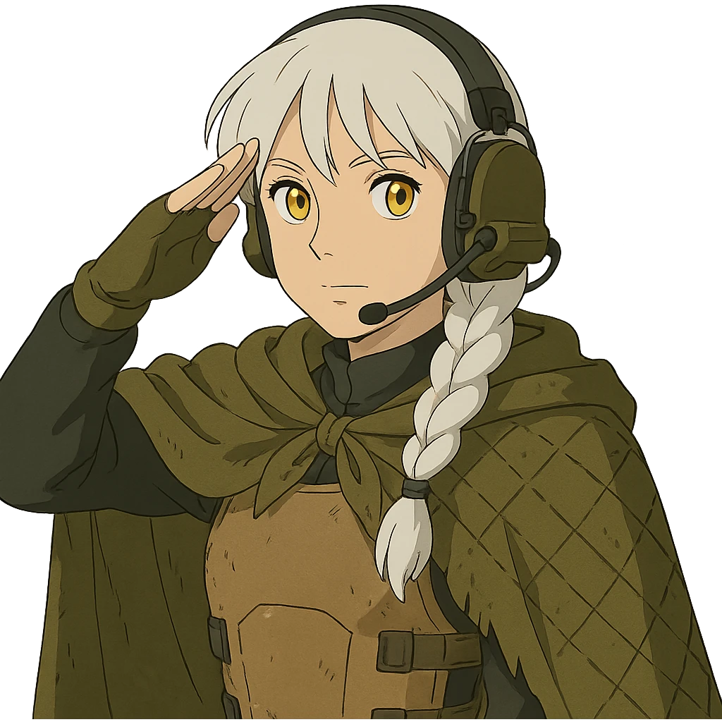 1 female, mid 20's, white hair in a long braid, gold yellow eyes, adorned in a black long sleeve shirt, tan body armor and a worn olive-green cloak with netting holding it together. She wears a COMTAC headset. is giving a stealthy salute emoji