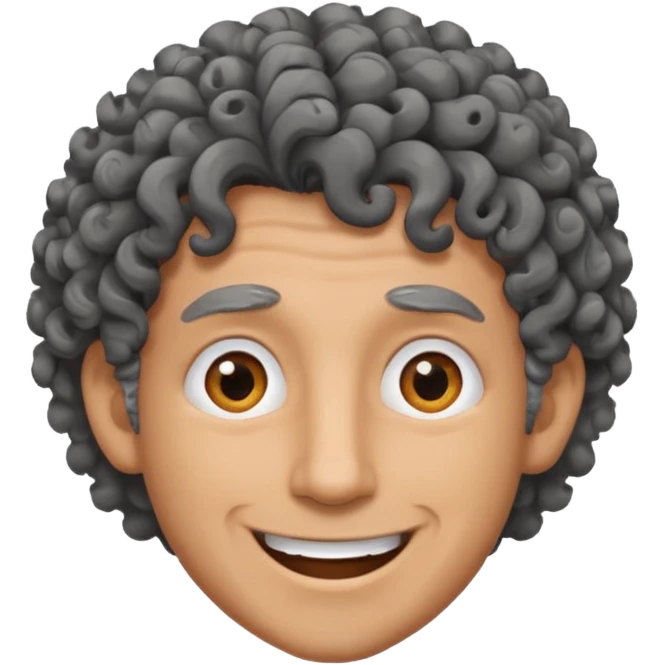 man curly black gray hair. crazy smile and tired eyes. emoji