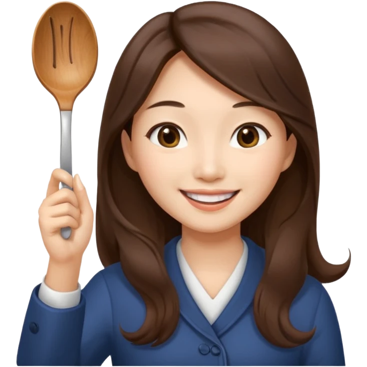 An Asian woman with long brown hair waving and greeting with a spoon in her hand emoji