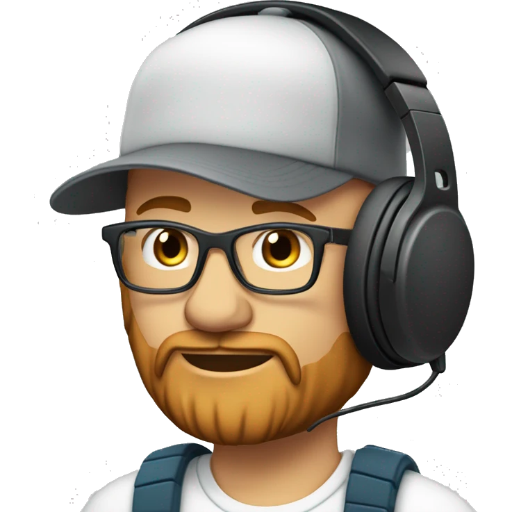 37 year old male, balding, with a snap back cap, red beard, headphones on, clear glasses, speaking into microphone emoji