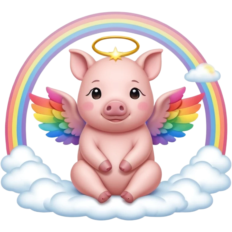 peaceful pig with a glowing halo, sitting on a rainbow bridge with wings folded emoji