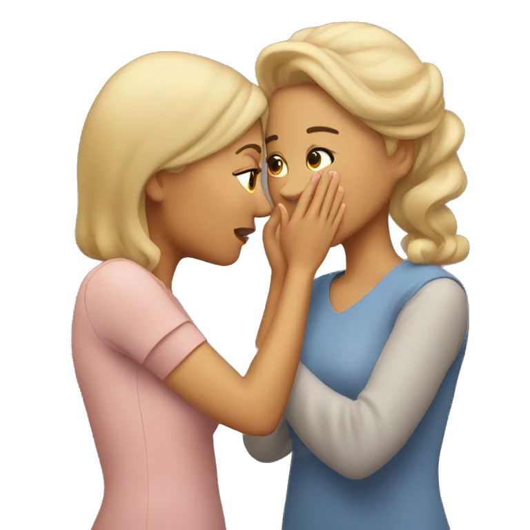 One woman whispers into the ear of another woman closing by hand emoji