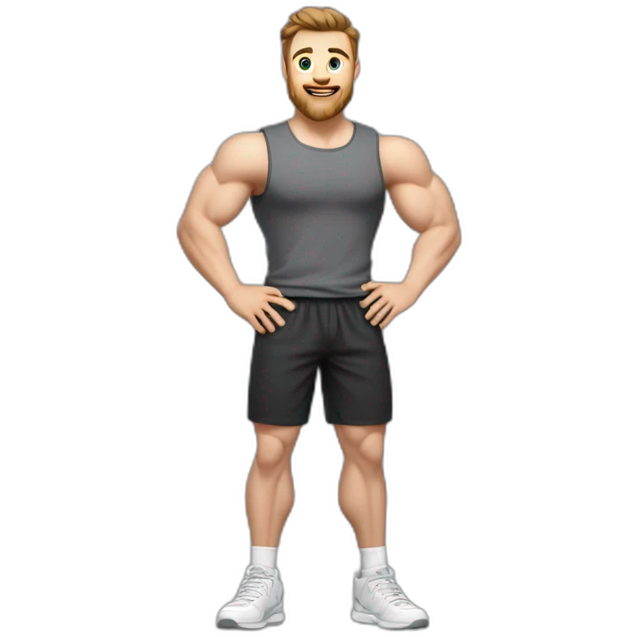 Full height Actively gesturing with hands Pale skinned Fit Man With the biceps and brown hair in dark gray Sleeveless Mike, black oversize sports shorts, watch and white Sneakers emoji