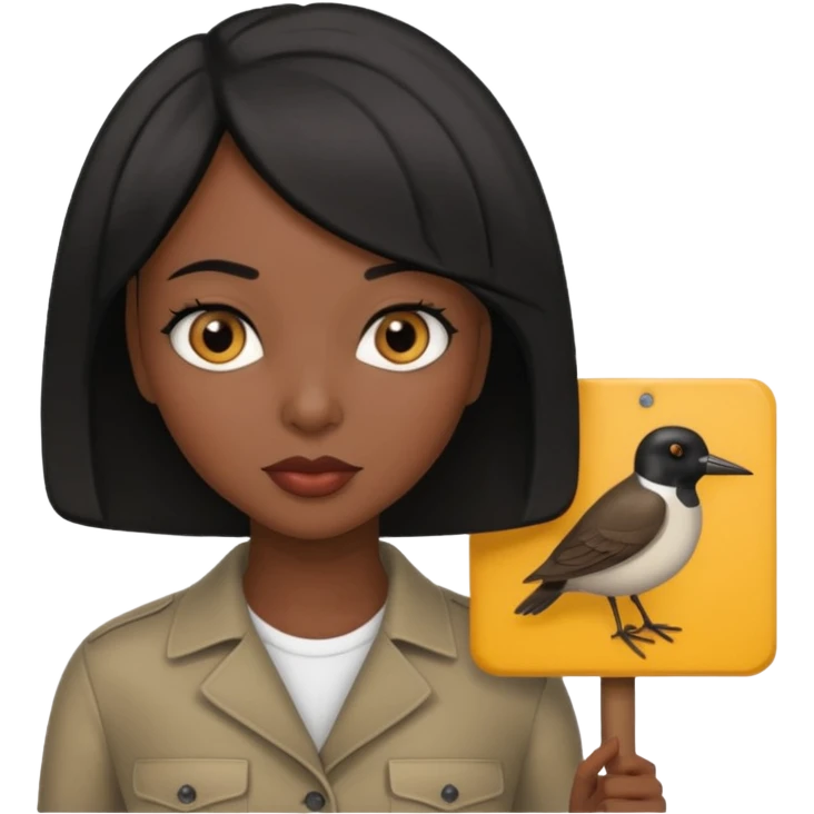 Dark skin woman with black bob in hair holding sign that says snipe  emoji