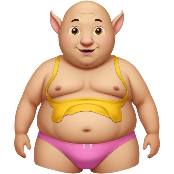 Old really fat and bald. This huge belly and really round pink nipples. has big ears and 2 long beaver like big yellow brown buck teeth. he has white saggy underwear with holes and yellow pee stains in front of underwear.   emoji