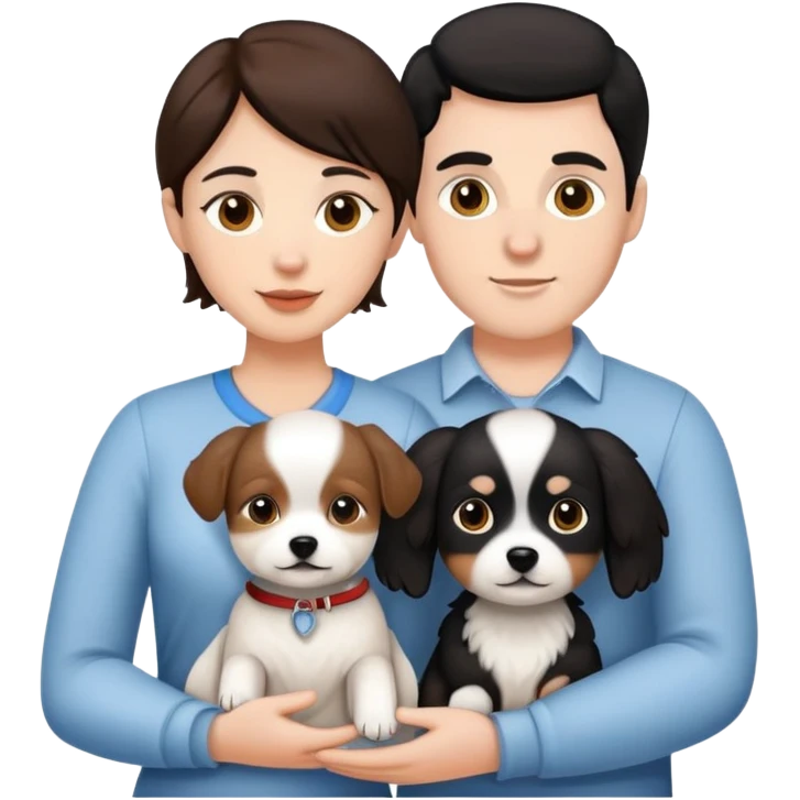 white male with brown hair and white female with black hair couple holding little white dog emoji