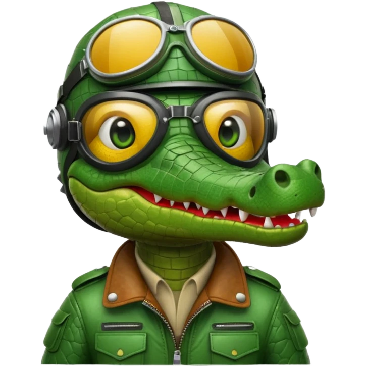 cartoon crocodile with a bomber pilot helmet and goggles, looking adventurous and bold, modern emoji style emoji