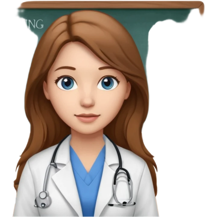 university classroom that says nursing school on the blackboard with a pretty female nursing student with long brown hair, blue eyes emoji