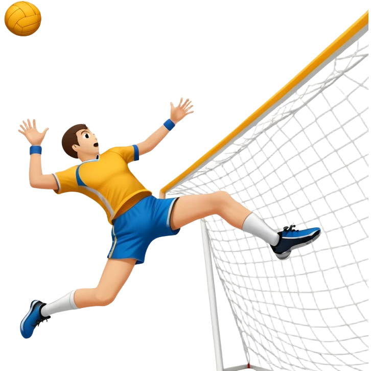 A handball thrown towards the goal, mid-air, with the goalposts and court lines in the background. The scene captures the power and precision of the throw, with the net of the goal in focus, emphasizing the dynamic action of the sport. emoji