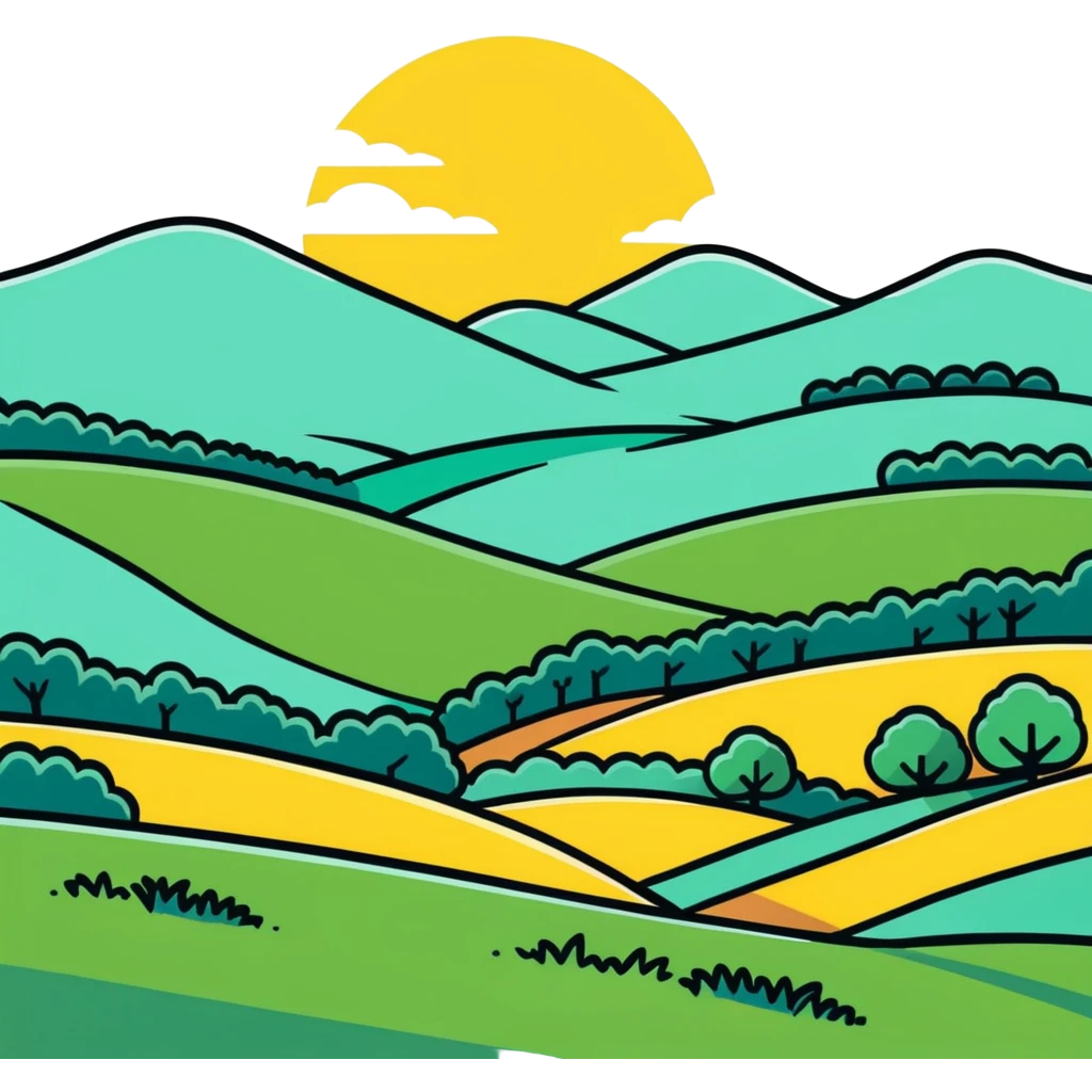 a sunlit meadow with rolling hills, cartoonish sticker style emoji