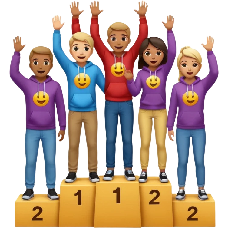 multi-racial men and women standing on a brown winners’ podium with the middle podium position elevated, each person casually dressed in fun, colorful jeans, t-shirts, and hoodies, excited, fun, expressive emoji style, no numbers on the podium emoji