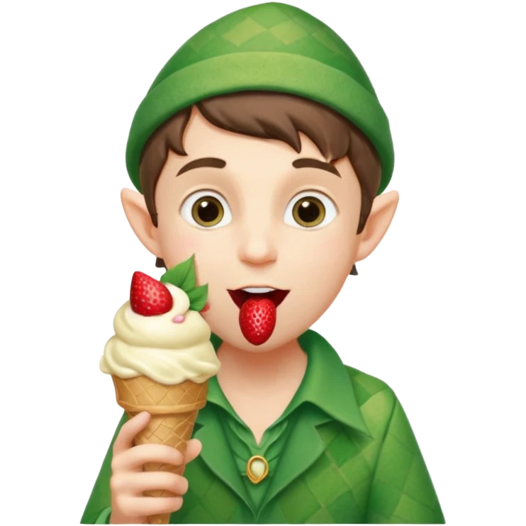 
A young elf boy in leafy clothes licking a triple-scoop ice cream with wide eyes.
baby elf with strawberry ice cream




 emoji