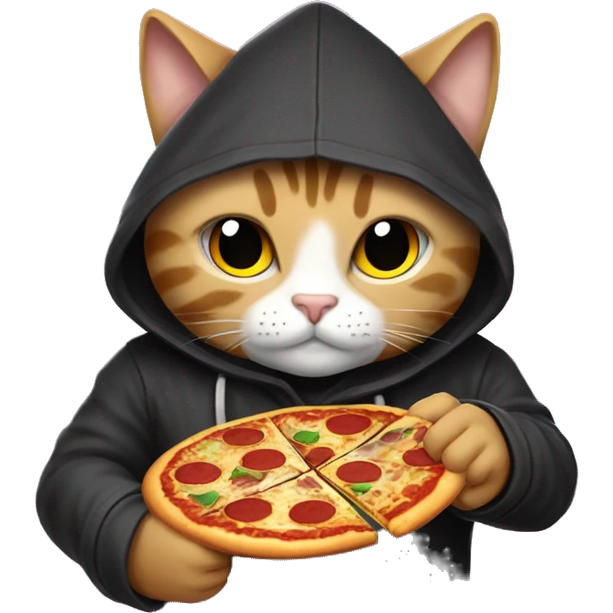 A hooded cat is holding btc in his hand , sweeter and Night-themes, Behind it is written pizza and JR crypto emoji