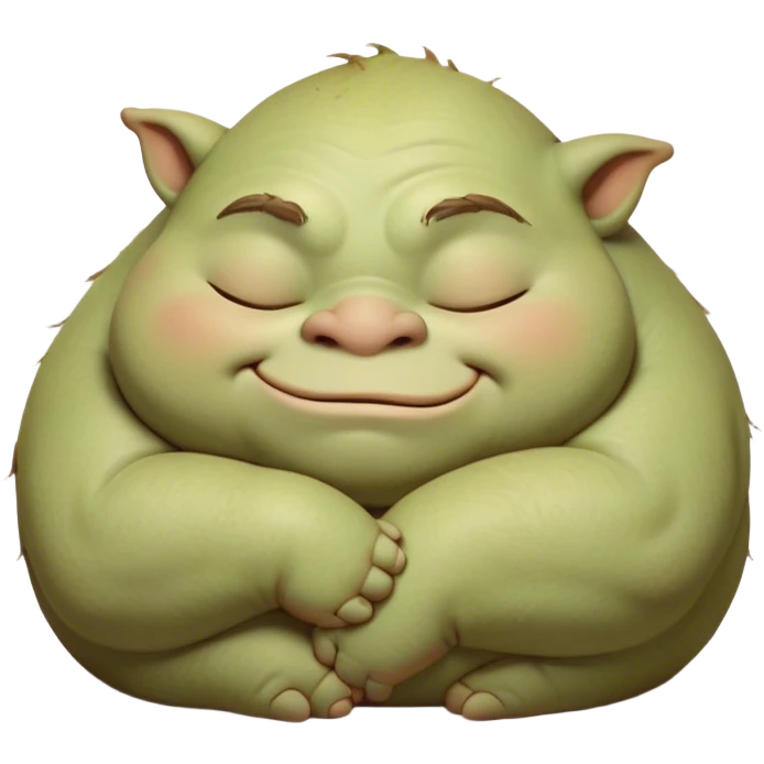 Meme-Worthy Cute Sleeping Ogre Portrait Emoji, with a surprisingly endearing, plump figure in soft earthy greens and browns, head drooping gently with closed, relaxed eyes and a content, sleepy grin, simplified yet adorably detailed, glowing with a soft warm outline that captures the peaceful slumber of a friendly ogre after a day of gentle mischief! emoji