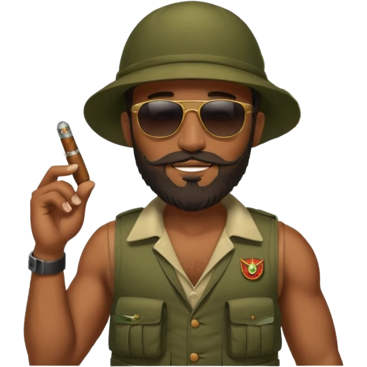brauny vested sunglasses bearded jungle commando smoking a cigar with a grin emoji