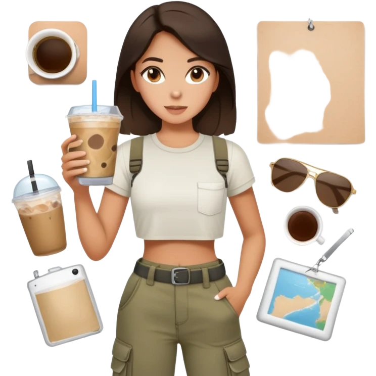 artsy brunette girl in cargo pants and crop top, holding iced coffee and a moodboard emoji