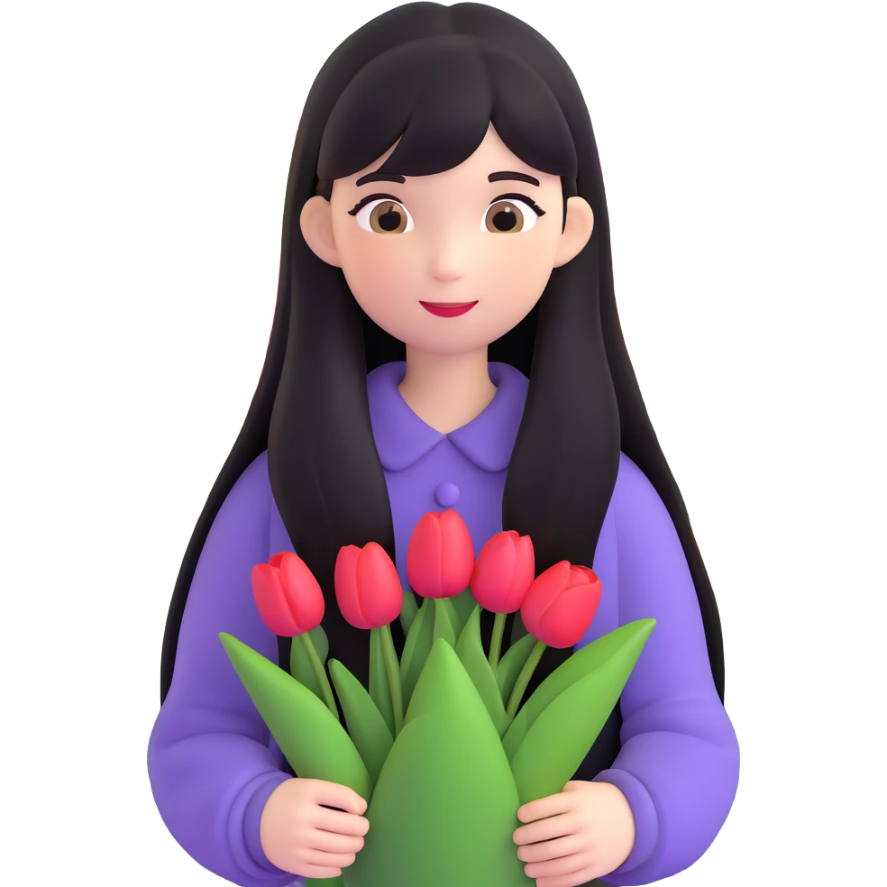 girl with long black hair and thin bangs, holding tulips in a garden emoji