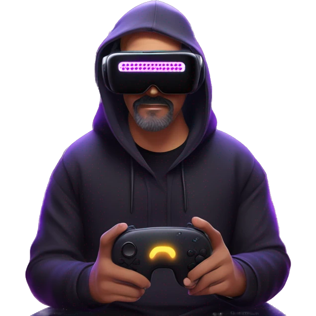 Big Lebowski wearing a black hoodie with "OMG" letters on it and VR headset oculus quest 2 in a cyberpunk VR environment with violet neon lighting. emoji
