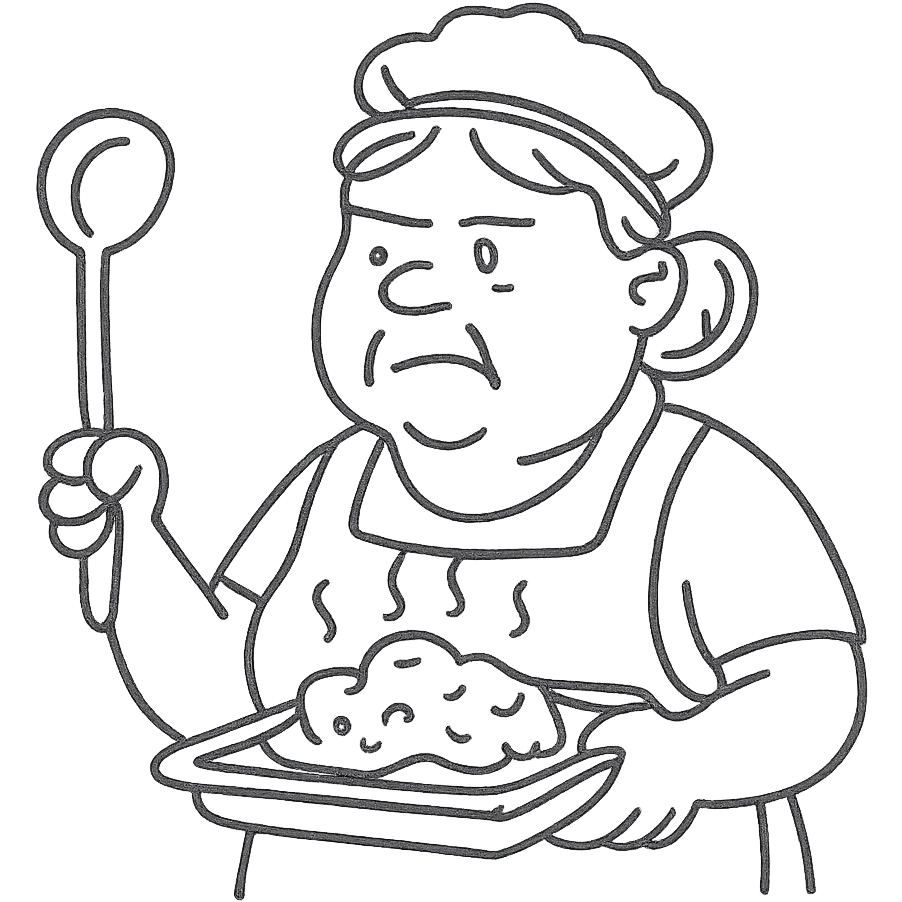 hand-drawn outlined icon of a lunch lady holding a ladle and a tray of gross food emoji