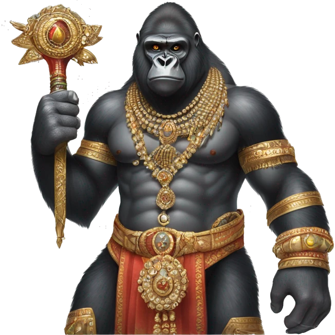 male gorilla with indian male jewellery and  indian traditional wear, holding a  huge weapon, humanoid, holding another  huge weapon  emoji