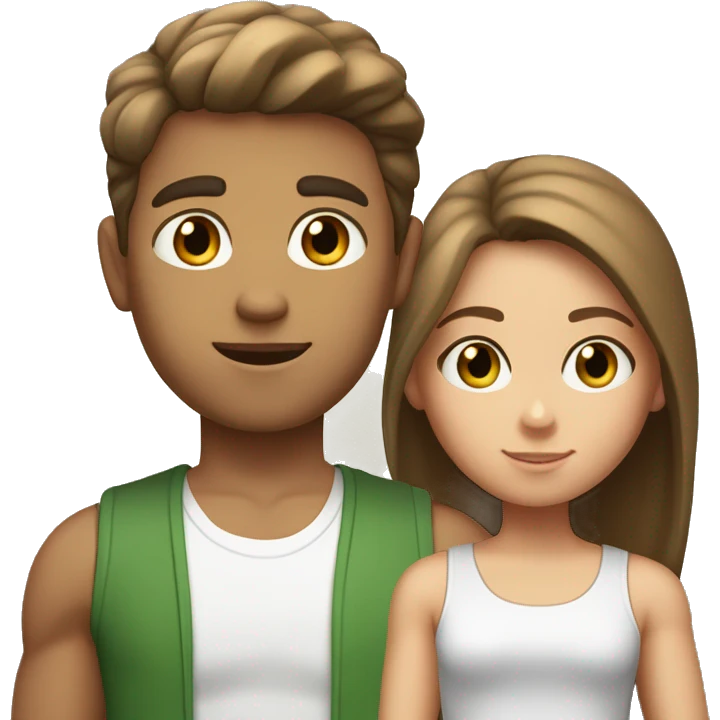 girl with light brown hair, straight and loose; with green eyes, a gray tank top next to a boy with short straight but voluminous brown hair and brown eyes, and wearing a white t-shirt emoji