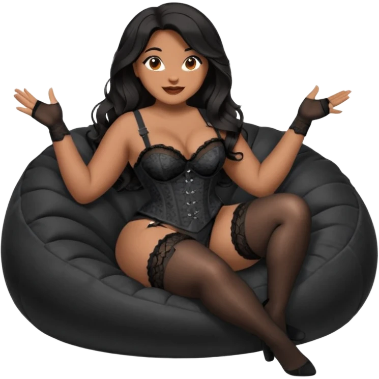 Curvy woman with brown skin with long wavy black hair, dark brown eyes. She's wearing a black lace corset, black lace thong, black stockings and suspender belt, she's sat on a big dark grey bean bag chair with her legs open and feet on the floor. Shes smiling with one hand pointing forward emoji