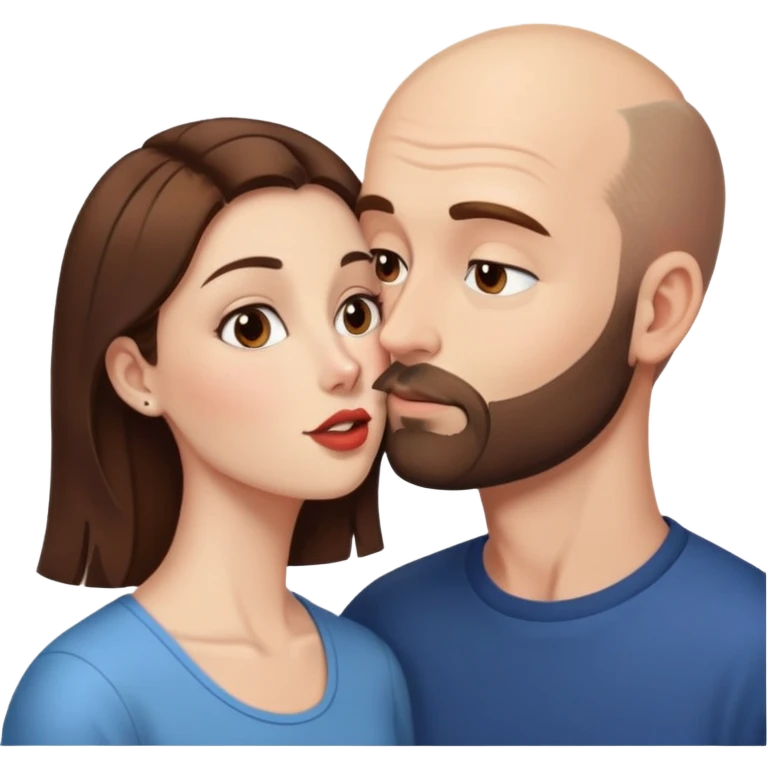 A balding man with brown hair and a short beard, kissing a much shorter thin brunette woman emoji