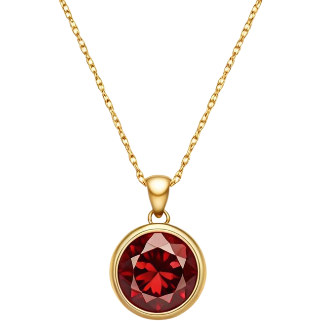 polished round red garnet pendant on a delicate gold chain, glowing with warmth and magic emoji