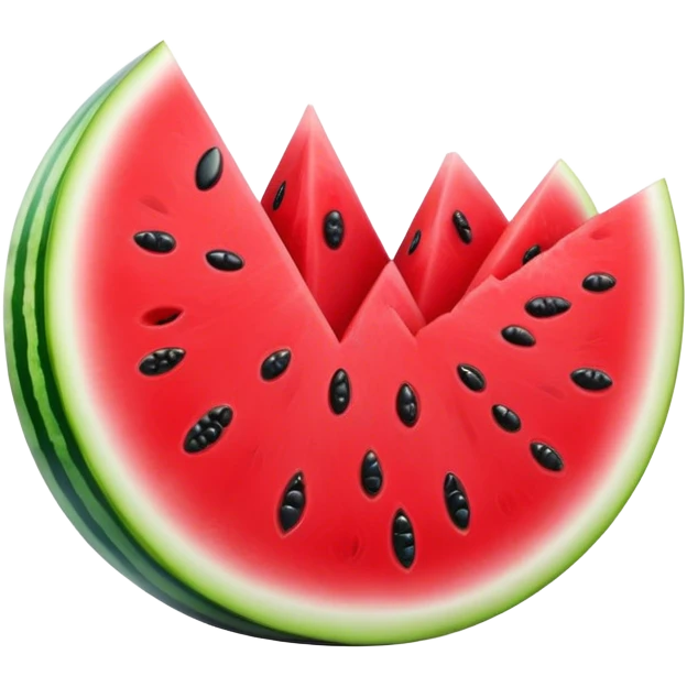 Cinematic juicy watermelon, thick slices revealing vibrant red interior, glossy and glistening with tiny black seeds, fresh and refreshing, soft glowing background, summer vibes. emoji