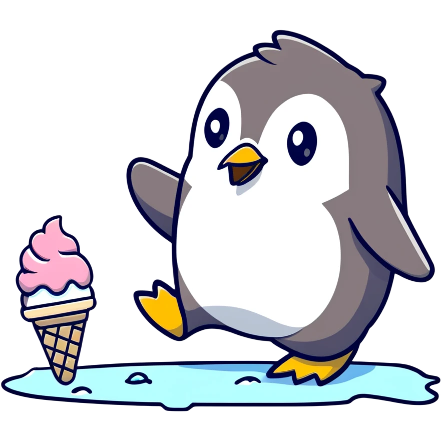 Clumsy penguin slipping on ice with ice cream cone emoji