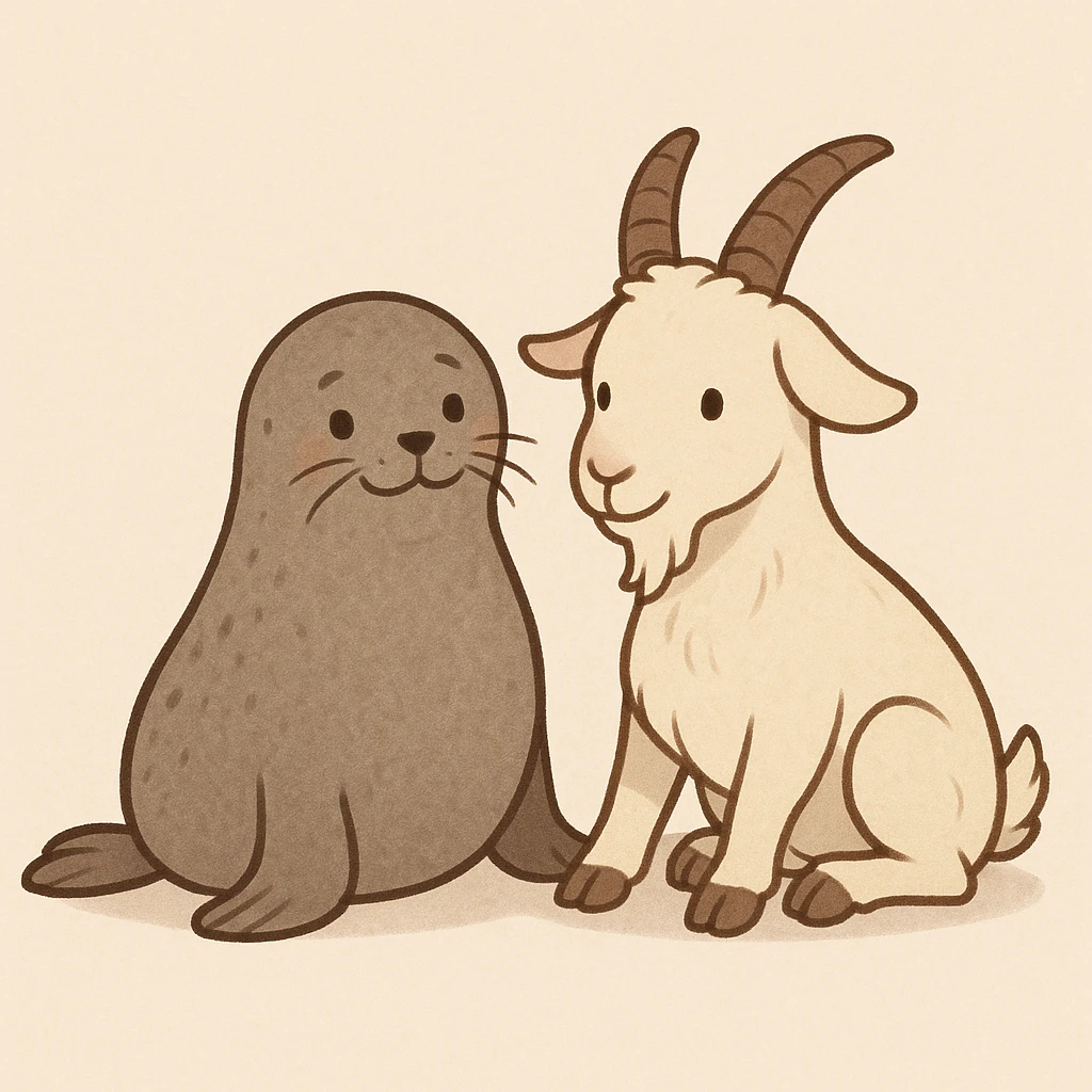 a seal and a goat sitting together, friendly, simple background emoji