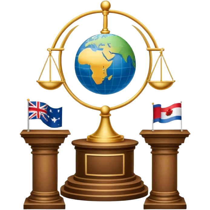 An icon featuring a podium with a speaker, national flags, and voting ballots, symbolizing political science. The design includes a globe and scales of justice in the background, representing governance, global affairs, and political theory. Transparent background emphasizes civic engagement emoji
