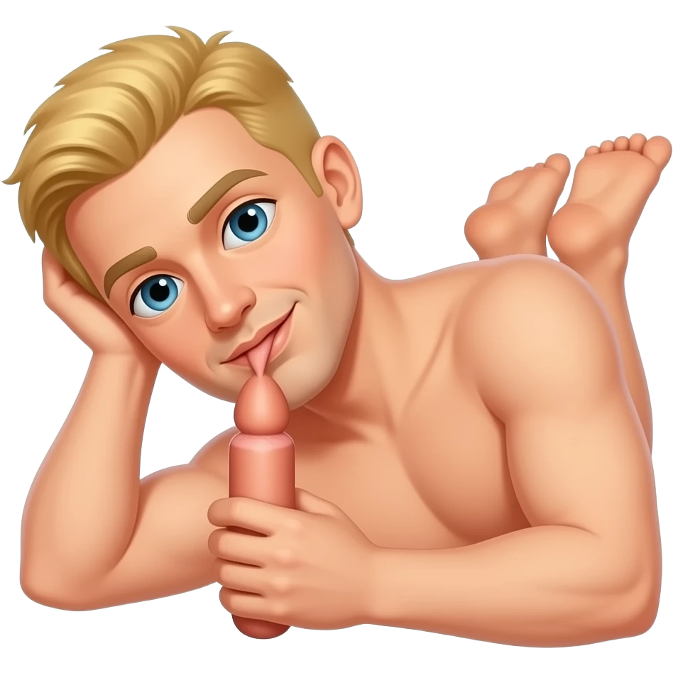 Tạo ảnh người đàn ông tóc ngắn màu vàng da trắng nằm khoả thân và thủ dâm với dương vật của mình emoji