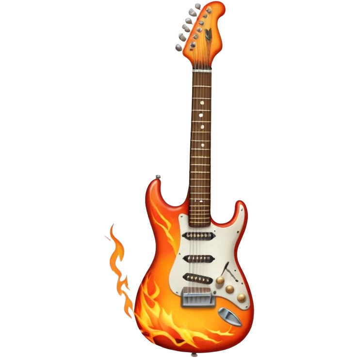 Create a bold and powerful emoji representing rock vocal performance in a humanless collage. The design should feature a vintage microphone at the center, surrounded by a heavy, aggressive hardcore electric guitar with sharp, jagged edges. Include crossed drumsticks behind the guitar, symbolizing the intense rhythm of rock music. Add fiery elements like flames or lightning bolts to enhance the raw energy of the design. Use dark, bold colors like black, red, and silver, with metallic or chrome accents to reflect the rebellious, hard-hitting nature of rock. The background should be transparent. emoji