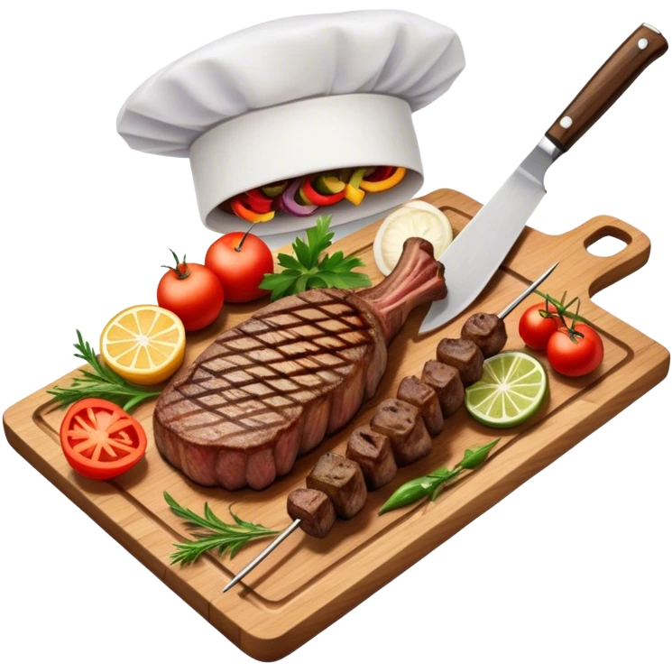 icon featuring a chef’s hat, a cutting board with fresh ingredients, a knife, a beautifully cooked ribeye steak, shashlik skewers, and a plate of food in the making. The design captures the passion of cooking with warm, inviting colors, and realistic textures. Transparent background. emoji