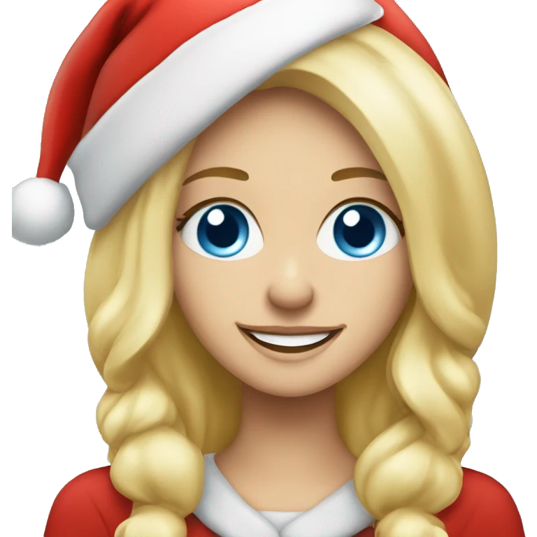 Beautiful blonde blue eyed woman smiling wearing red santa hat emoji